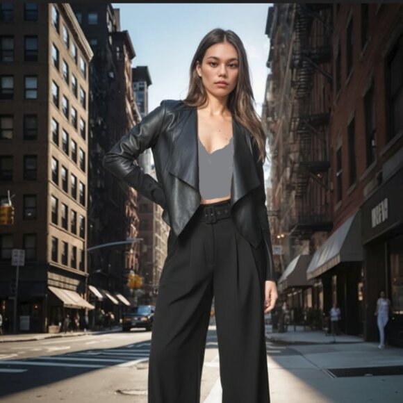 Mo Ka Faux Leather Drape Front Jacket in Black - Picture 1 of 1